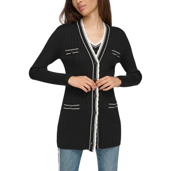 NWT Karl Lagerfeld Lace-Trim Cardigan Button Front Sweater Black / White S - Picture 1 of 9